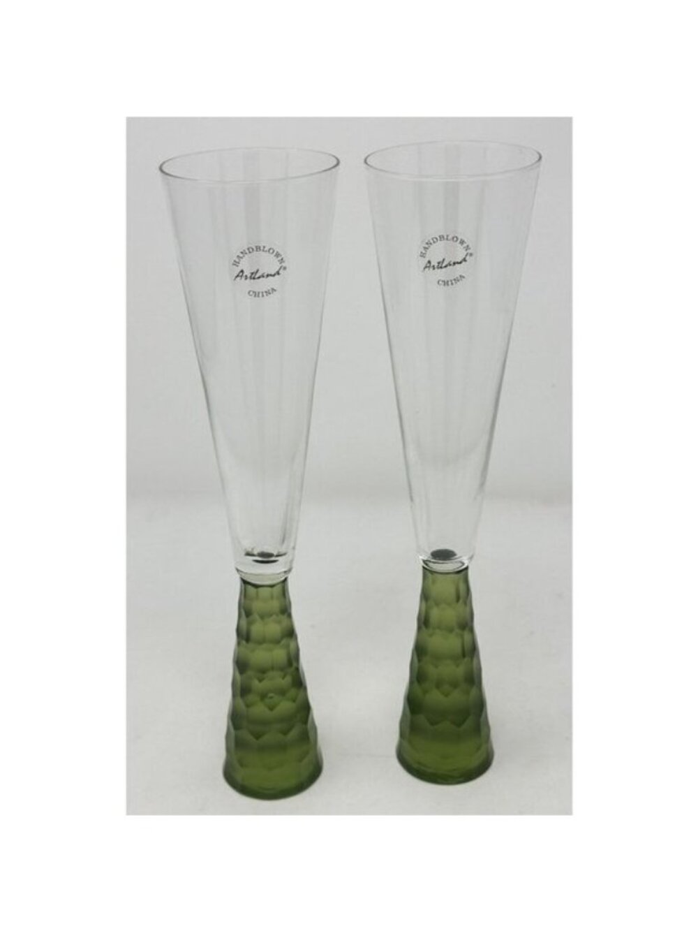 ARTLAND PRESCOTT Crystal Champagne Flutes Handblown Honeycomb GREEN Set of 2 - Picture 1 of 11